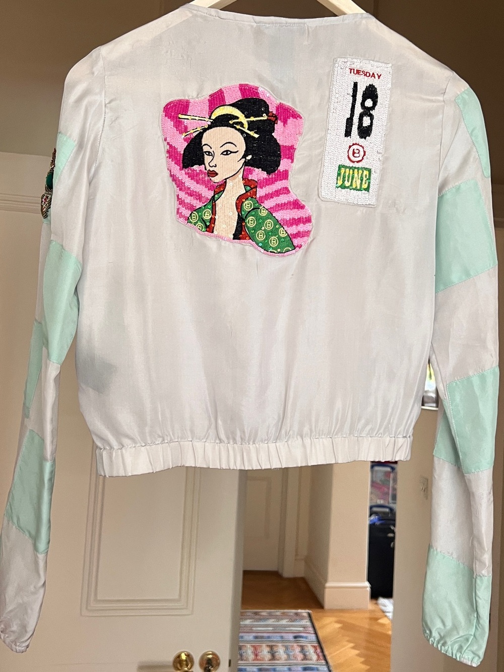 Custo Barcelona White Bomber Jacket with Mint Sleeves and Pink Geisha Patch